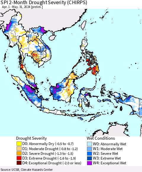 South East Asia SPI 2-Month Drought Severity (CHIRPS) Thematic Map For 4/1/2024 - 5/31/2024