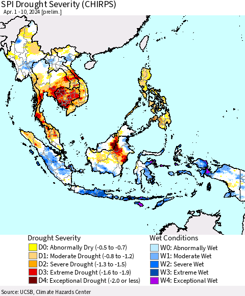 South East Asia SPI Drought Severity (CHIRPS) Thematic Map For 4/1/2024 - 4/10/2024