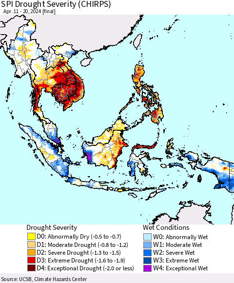 South East Asia SPI Drought Severity (CHIRPS) Thematic Map For 4/11/2024 - 4/20/2024