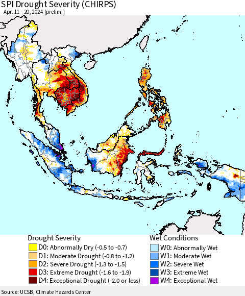 South East Asia SPI Drought Severity (CHIRPS) Thematic Map For 4/11/2024 - 4/20/2024