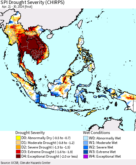 South East Asia SPI Drought Severity (CHIRPS) Thematic Map For 4/21/2024 - 4/30/2024
