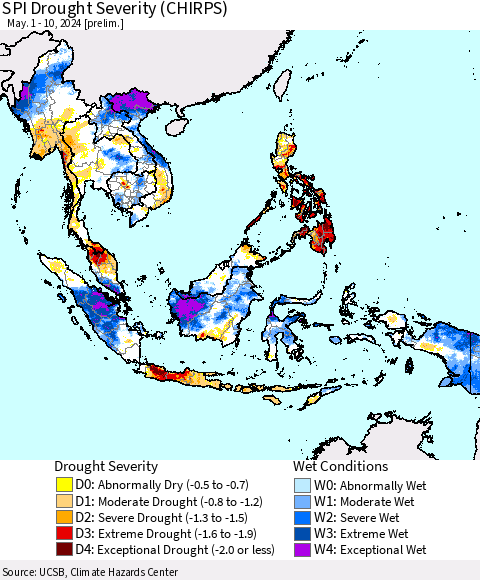 South East Asia SPI Drought Severity (CHIRPS) Thematic Map For 5/1/2024 - 5/10/2024