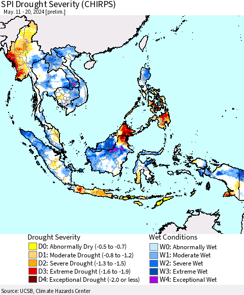 South East Asia SPI Drought Severity (CHIRPS) Thematic Map For 5/11/2024 - 5/20/2024