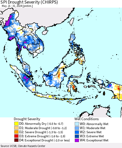 South East Asia SPI Drought Severity (CHIRPS) Thematic Map For 5/21/2024 - 5/31/2024