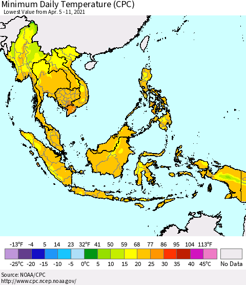 South East Asia Minimum Daily Temperature (CPC) Thematic Map For 4/5/2021 - 4/11/2021