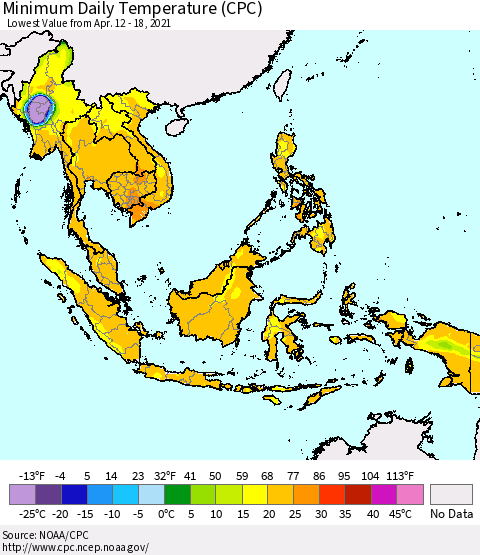 South East Asia Minimum Daily Temperature (CPC) Thematic Map For 4/12/2021 - 4/18/2021