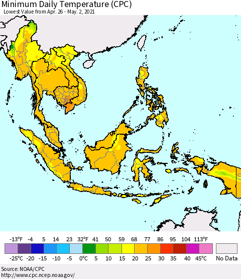 South East Asia Minimum Daily Temperature (CPC) Thematic Map For 4/26/2021 - 5/2/2021