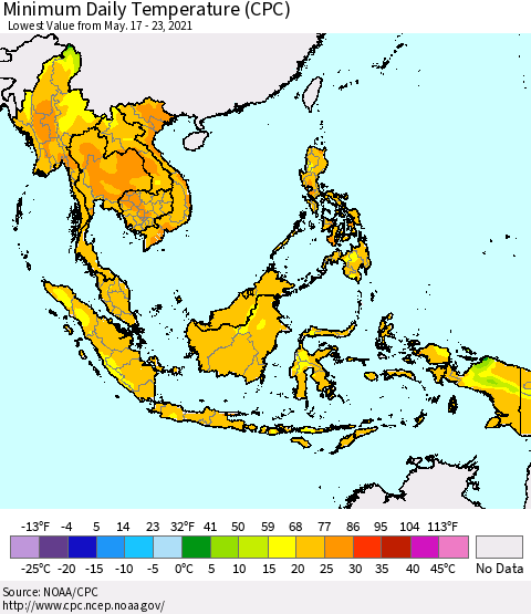 South East Asia Minimum Daily Temperature (CPC) Thematic Map For 5/17/2021 - 5/23/2021
