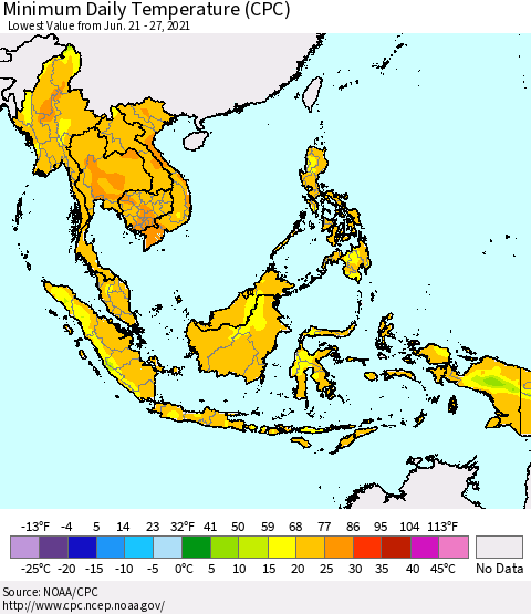 South East Asia Minimum Daily Temperature (CPC) Thematic Map For 6/21/2021 - 6/27/2021