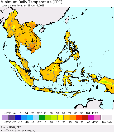 South East Asia Minimum Daily Temperature (CPC) Thematic Map For 6/28/2021 - 7/4/2021