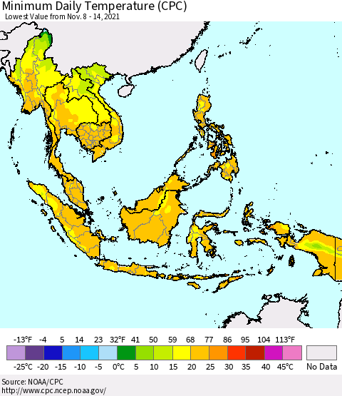 South East Asia Minimum Daily Temperature (CPC) Thematic Map For 11/8/2021 - 11/14/2021