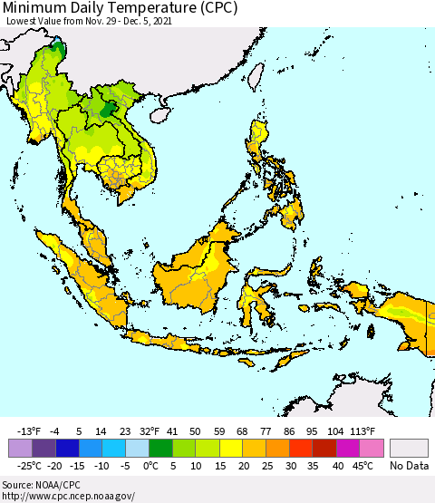 South East Asia Minimum Daily Temperature (CPC) Thematic Map For 11/29/2021 - 12/5/2021