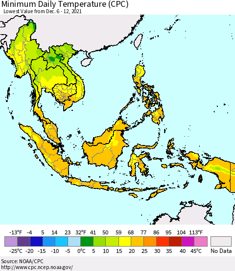 South East Asia Minimum Daily Temperature (CPC) Thematic Map For 12/6/2021 - 12/12/2021