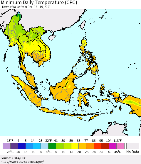 South East Asia Minimum Daily Temperature (CPC) Thematic Map For 12/13/2021 - 12/19/2021