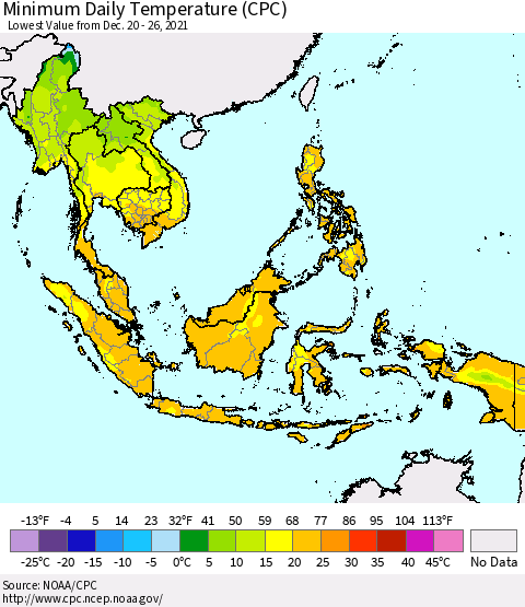 South East Asia Minimum Daily Temperature (CPC) Thematic Map For 12/20/2021 - 12/26/2021
