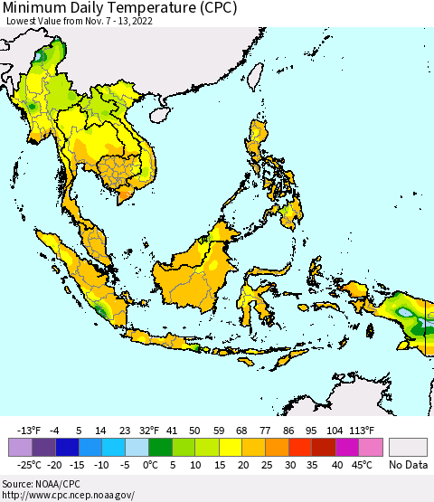 South East Asia Minimum Daily Temperature (CPC) Thematic Map For 11/7/2022 - 11/13/2022