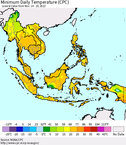 South East Asia Minimum Daily Temperature (CPC) Thematic Map For 11/14/2022 - 11/20/2022