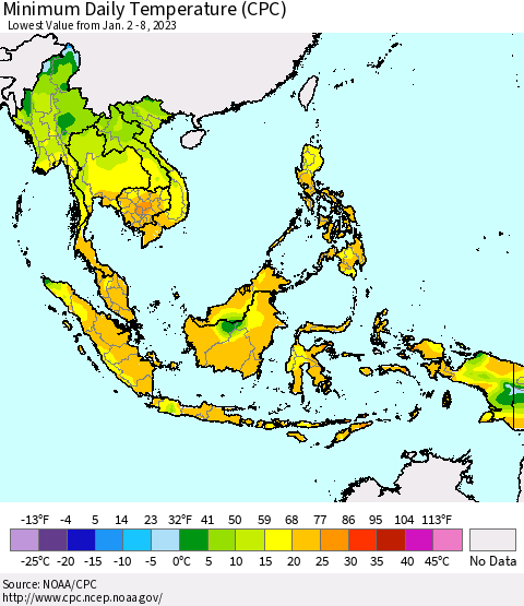 South East Asia Minimum Daily Temperature (CPC) Thematic Map For 1/2/2023 - 1/8/2023