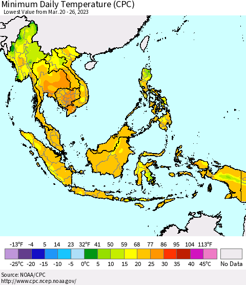 South East Asia Minimum Daily Temperature (CPC) Thematic Map For 3/20/2023 - 3/26/2023