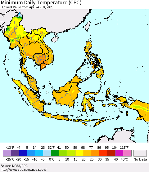 South East Asia Minimum Daily Temperature (CPC) Thematic Map For 4/24/2023 - 4/30/2023