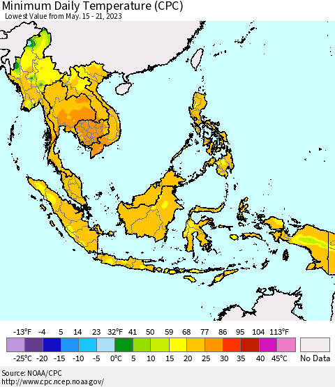 South East Asia Minimum Daily Temperature (CPC) Thematic Map For 5/15/2023 - 5/21/2023