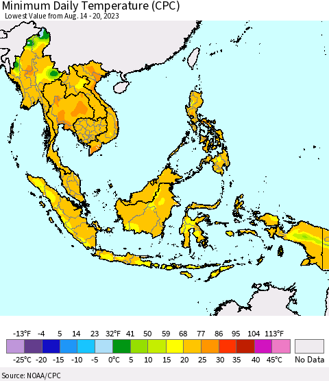 South East Asia Minimum Daily Temperature (CPC) Thematic Map For 8/14/2023 - 8/20/2023