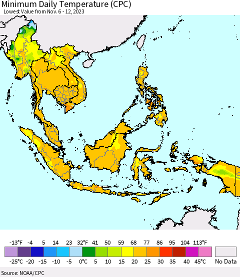 South East Asia Minimum Daily Temperature (CPC) Thematic Map For 11/6/2023 - 11/12/2023