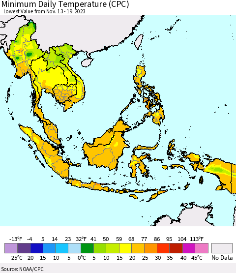 South East Asia Minimum Daily Temperature (CPC) Thematic Map For 11/13/2023 - 11/19/2023