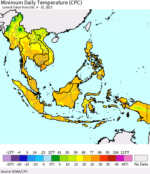 South East Asia Minimum Daily Temperature (CPC) Thematic Map For 12/4/2023 - 12/10/2023