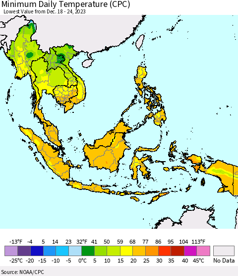 South East Asia Minimum Daily Temperature (CPC) Thematic Map For 12/18/2023 - 12/24/2023