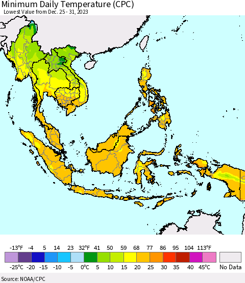South East Asia Minimum Daily Temperature (CPC) Thematic Map For 12/25/2023 - 12/31/2023