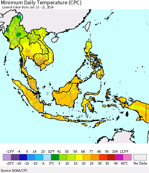 South East Asia Minimum Daily Temperature (CPC) Thematic Map For 1/15/2024 - 1/21/2024