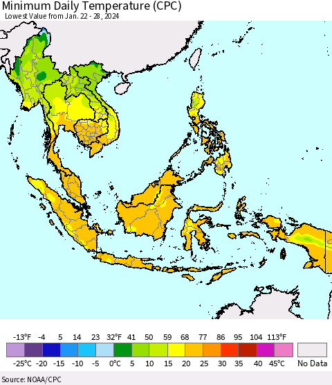South East Asia Minimum Daily Temperature (CPC) Thematic Map For 1/22/2024 - 1/28/2024