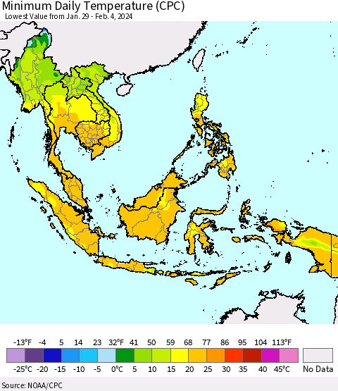 South East Asia Minimum Daily Temperature (CPC) Thematic Map For 1/29/2024 - 2/4/2024