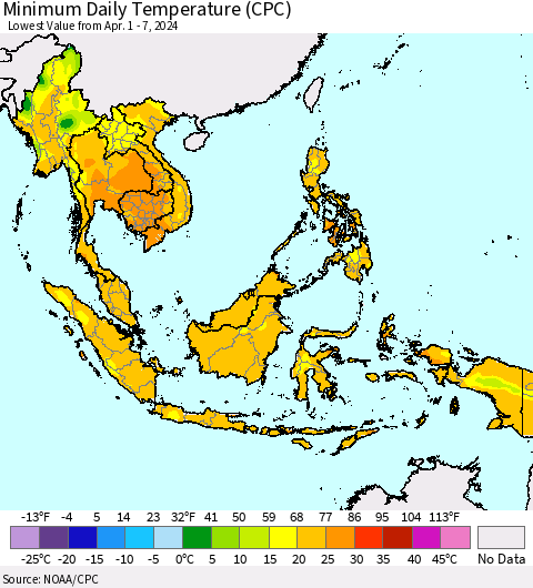 South East Asia Minimum Daily Temperature (CPC) Thematic Map For 4/1/2024 - 4/7/2024