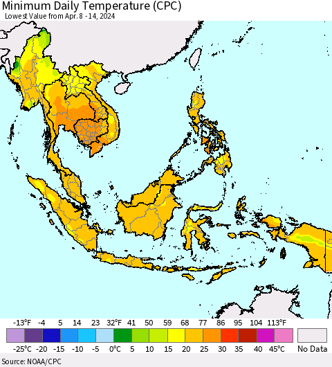 South East Asia Minimum Daily Temperature (CPC) Thematic Map For 4/8/2024 - 4/14/2024