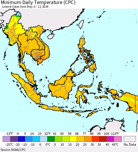 South East Asia Minimum Daily Temperature (CPC) Thematic Map For 5/6/2024 - 5/12/2024
