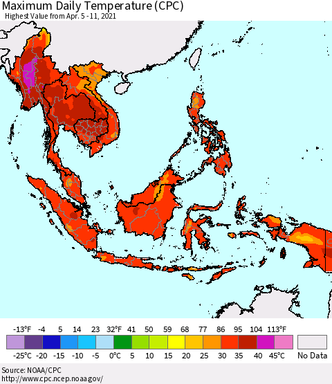 South East Asia Maximum Daily Temperature (CPC) Thematic Map For 4/5/2021 - 4/11/2021