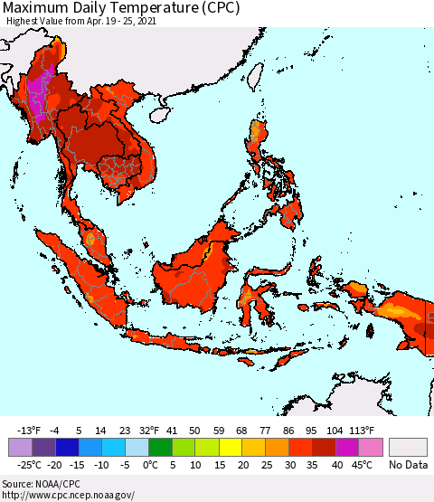 South East Asia Maximum Daily Temperature (CPC) Thematic Map For 4/19/2021 - 4/25/2021