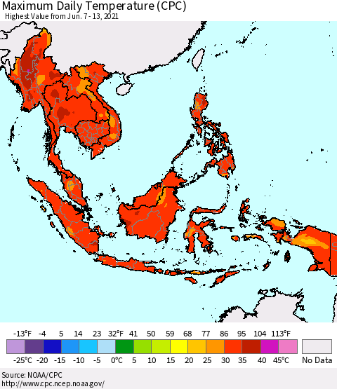 South East Asia Maximum Daily Temperature (CPC) Thematic Map For 6/7/2021 - 6/13/2021