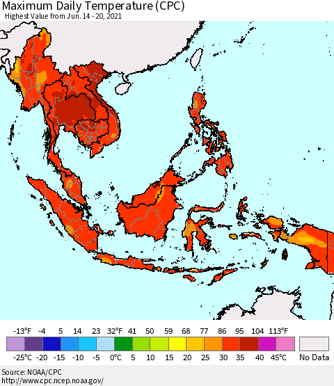 South East Asia Maximum Daily Temperature (CPC) Thematic Map For 6/14/2021 - 6/20/2021
