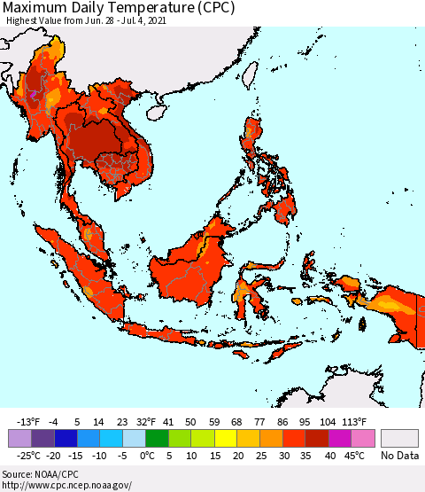 South East Asia Maximum Daily Temperature (CPC) Thematic Map For 6/28/2021 - 7/4/2021