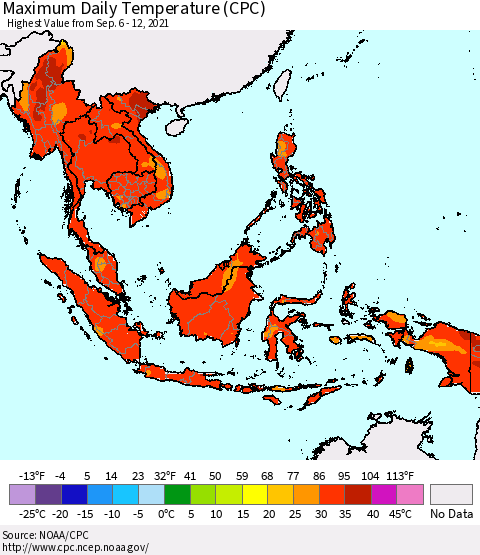 South East Asia Maximum Daily Temperature (CPC) Thematic Map For 9/6/2021 - 9/12/2021