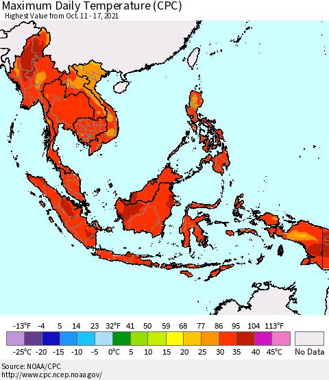 South East Asia Maximum Daily Temperature (CPC) Thematic Map For 10/11/2021 - 10/17/2021