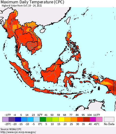 South East Asia Maximum Daily Temperature (CPC) Thematic Map For 10/18/2021 - 10/24/2021