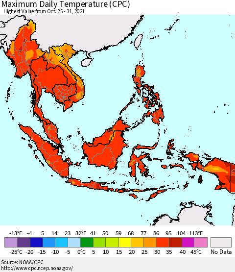 South East Asia Maximum Daily Temperature (CPC) Thematic Map For 10/25/2021 - 10/31/2021