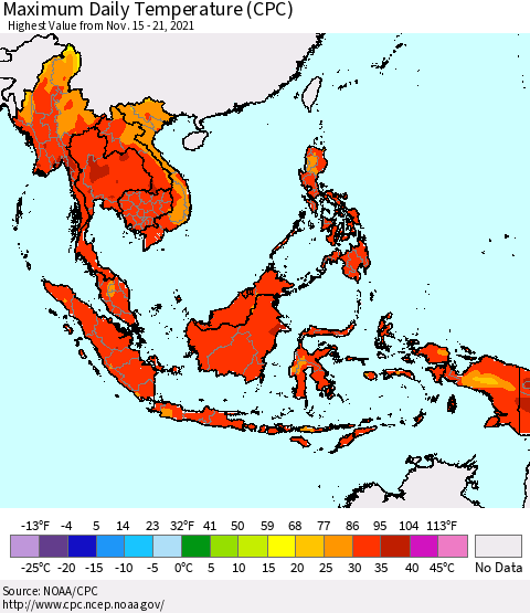 South East Asia Maximum Daily Temperature (CPC) Thematic Map For 11/15/2021 - 11/21/2021