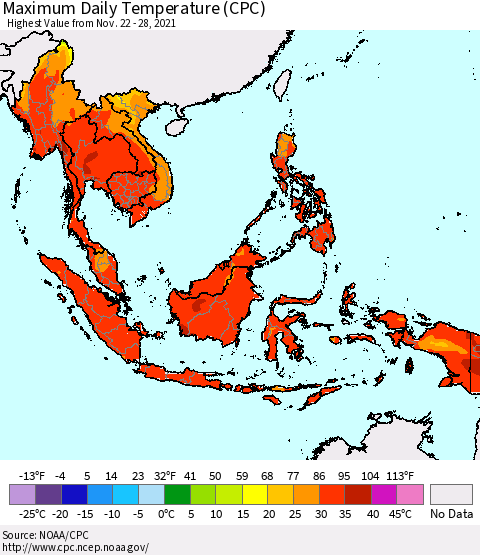South East Asia Maximum Daily Temperature (CPC) Thematic Map For 11/22/2021 - 11/28/2021
