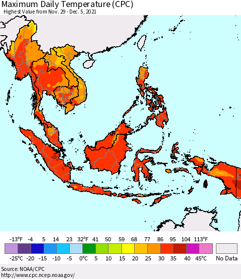 South East Asia Maximum Daily Temperature (CPC) Thematic Map For 11/29/2021 - 12/5/2021