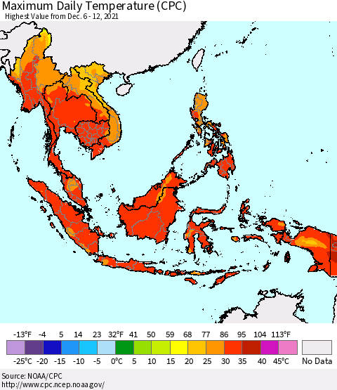 South East Asia Maximum Daily Temperature (CPC) Thematic Map For 12/6/2021 - 12/12/2021